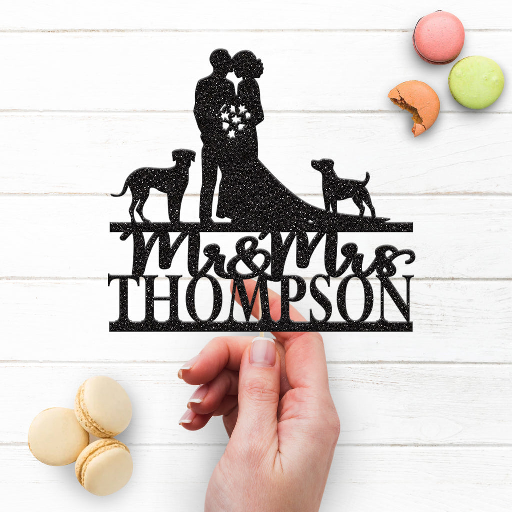 Personalised Wedding Couple with Two Dogs Cake Topper – Surname - view 3