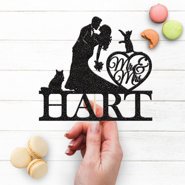 Personalised Dipped Kiss Couple with Cats Wedding Cake Topper – Surname - view 3
