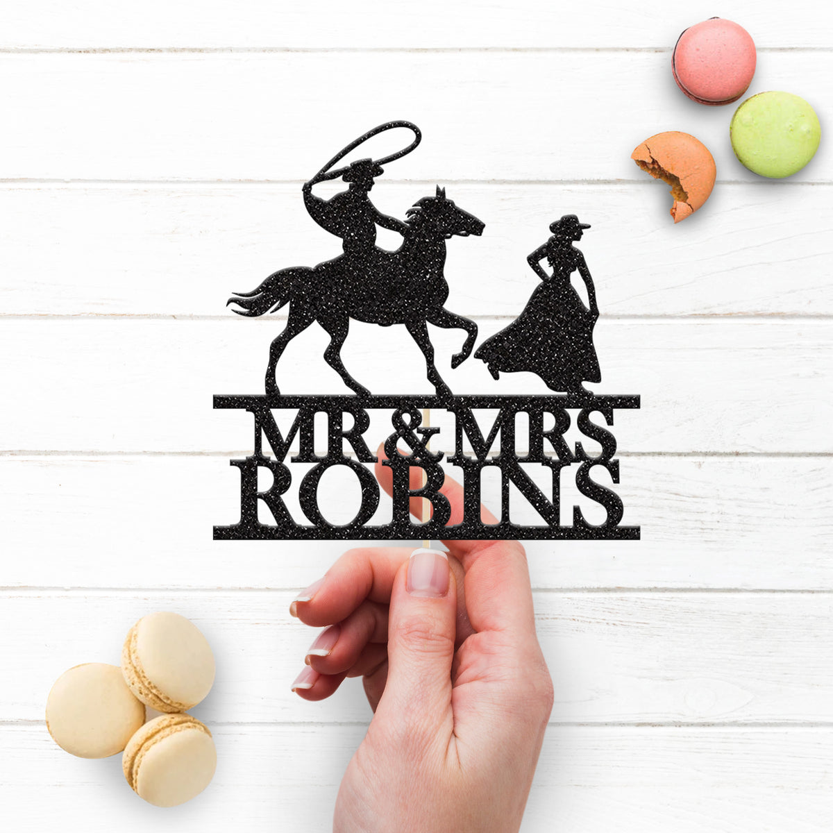 Personalised Cowboy on Horse Wedding Cake Topper – Surname - view 3