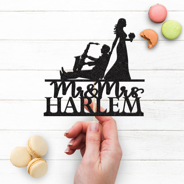 Personalised Saxophonist Couple Wedding Cake Topper – Surname - view 3