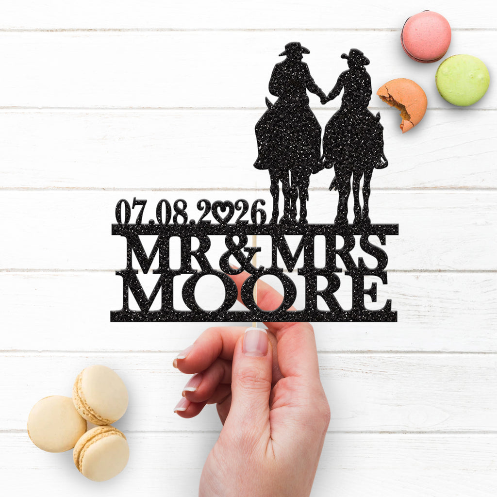 Personalised Horseback Couple Cake Topper – Surname & Date - view 3