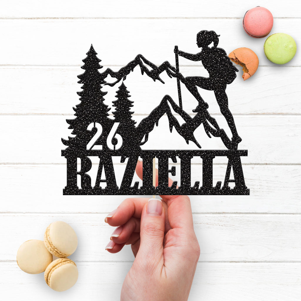 Personalised Female Hiker Mountain Cake Topper – Name & Age - view 3