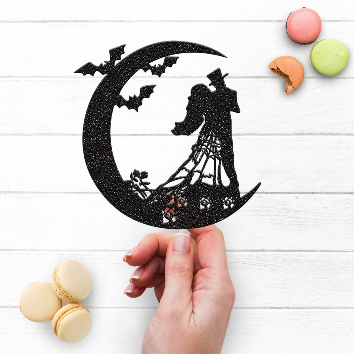 Gothic Wedding Couple Crescent Moon Cake Topper - view 3