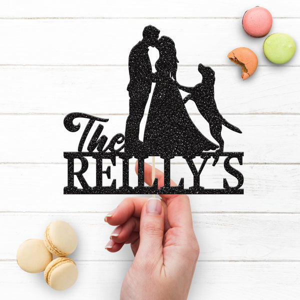 Personalised Wedding Couple with Jumping Dog Cake Topper – Surname - view 3