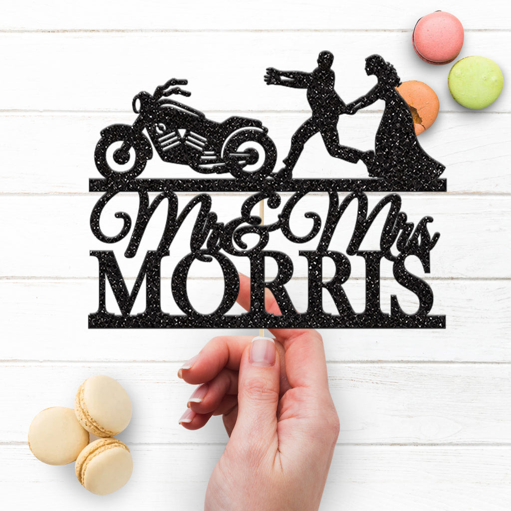 Personalised Runaway Groom Motorbike Cake Topper – Surname - view 3