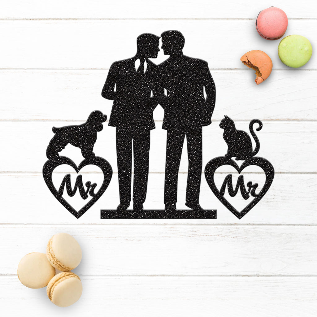 Two Grooms with Cat and Dog Wedding Cake Topper - view 3