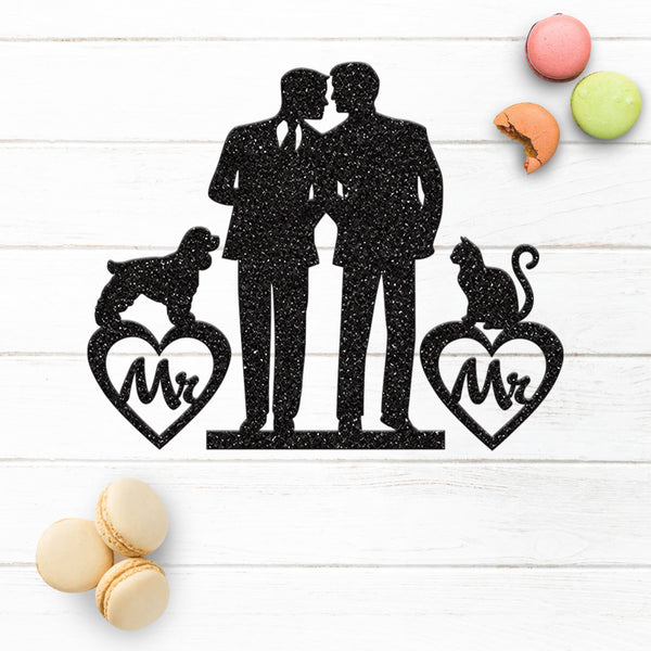 Two Grooms with Cat and Dog Wedding Cake Topper - view 3