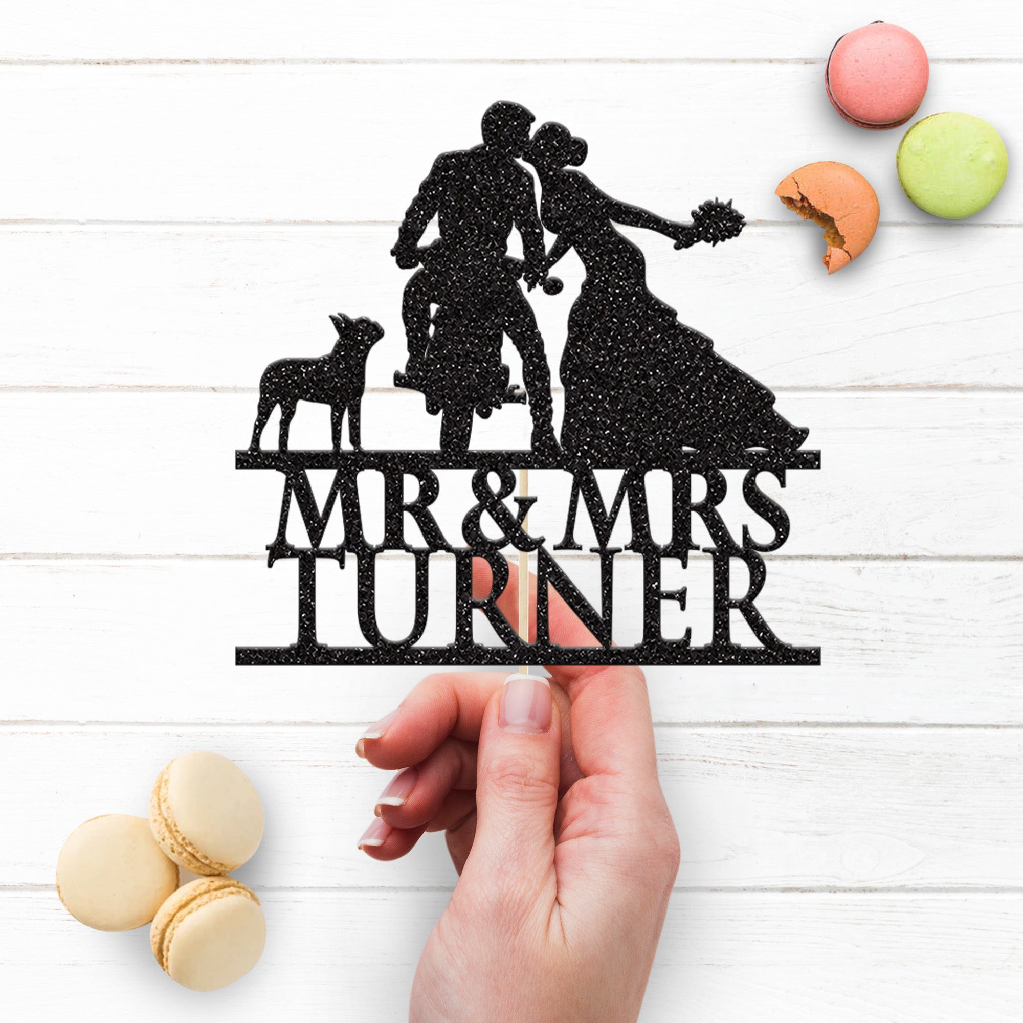 Personalised Motorbike Wedding Couple and Dog Cake Topper – Surname Secondary image
