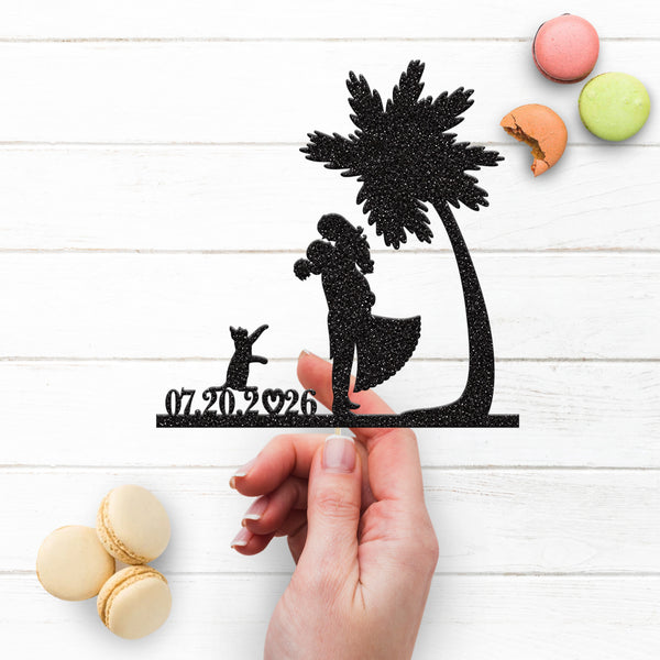 Personalised Palm Tree Wedding Couple and Cat Cake Topper – Date - view 3