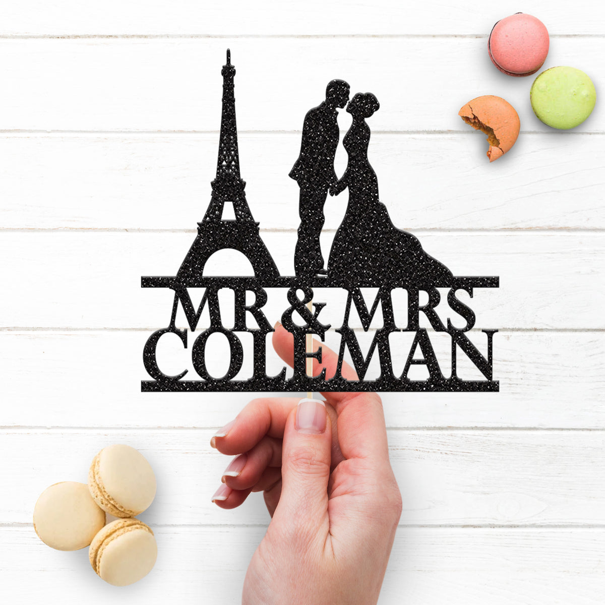 Personalised Eiffel Tower Wedding Couple Cake Topper – Surname - view 3