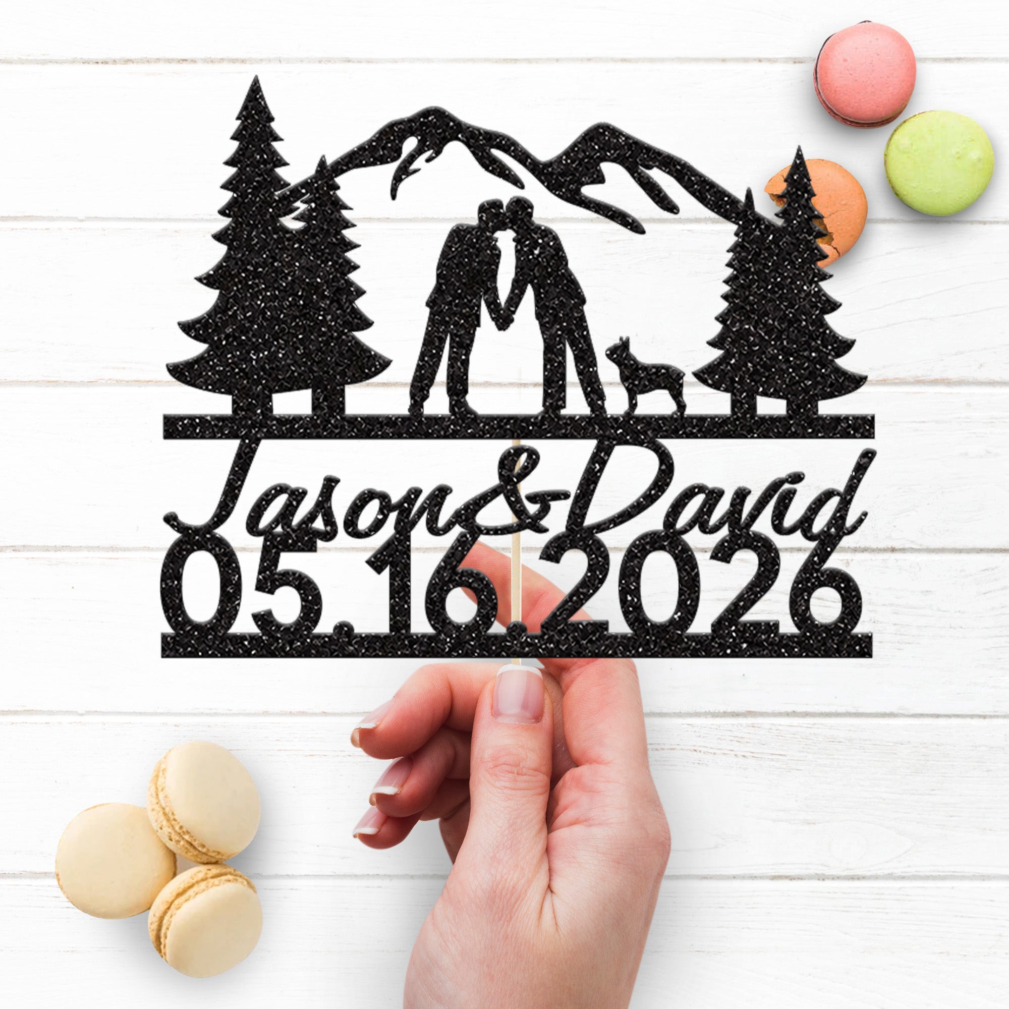 Personalised Mountain Grooms and Dog Wedding Cake Topper – Names & Date Secondary image