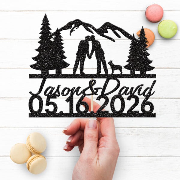 Personalised Mountain Grooms and Dog Wedding Cake Topper – Names & Date - view 3