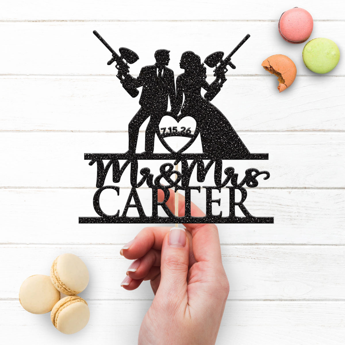 Personalised Paintball Wedding Cake Topper – Surname & Date - view 3