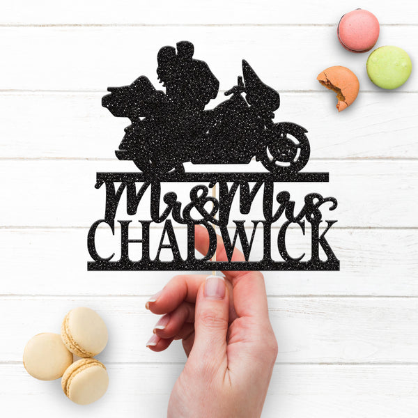 Personalised Touring Motorbike Wedding Couple Cake Topper – Surname - view 3