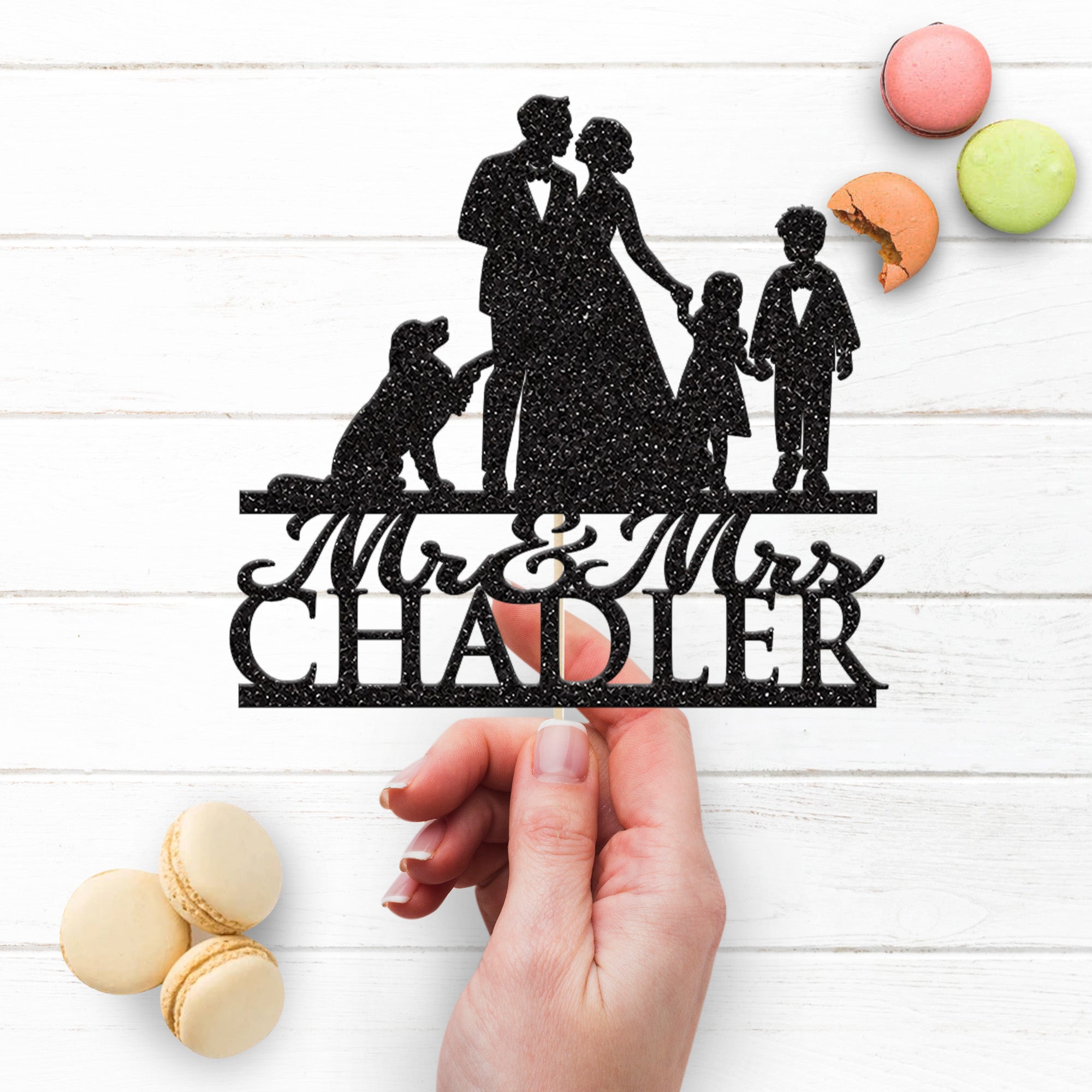 Personalised Wedding Couple with Two Children and Dog Cake Topper – Surname Secondary image