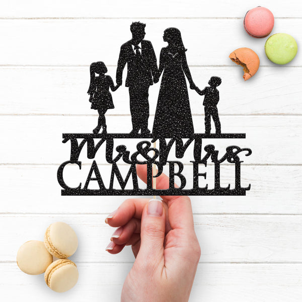 Personalised Wedding Couple with Two Children Cake Topper – Surname - view 3