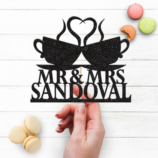 Personalised Coffee Cups Heart Wedding Cake Topper – Surname - view 3