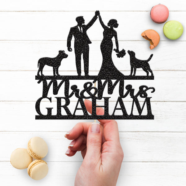 Personalised High-Five Couple & Dogs Wedding Cake Topper – Surname - view 3