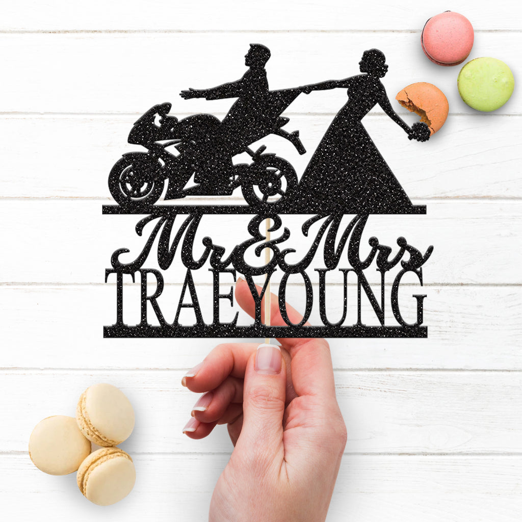 Personalised Bride Pulling Biker Wedding Cake Topper – Surname - view 3