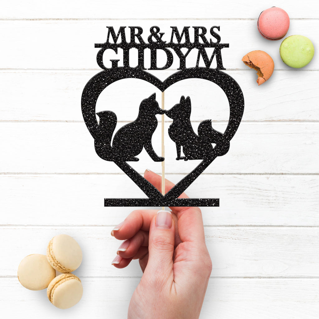 Personalised Fox Pair Heart Wedding Cake Topper – Surname - view 3
