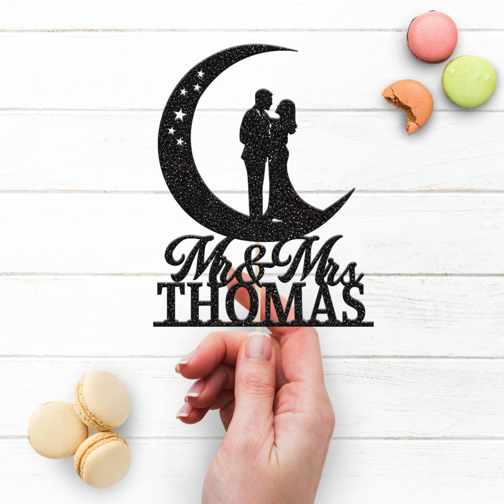 Personalised Moon & Stars Wedding Couple Cake Topper – Surname - view 3