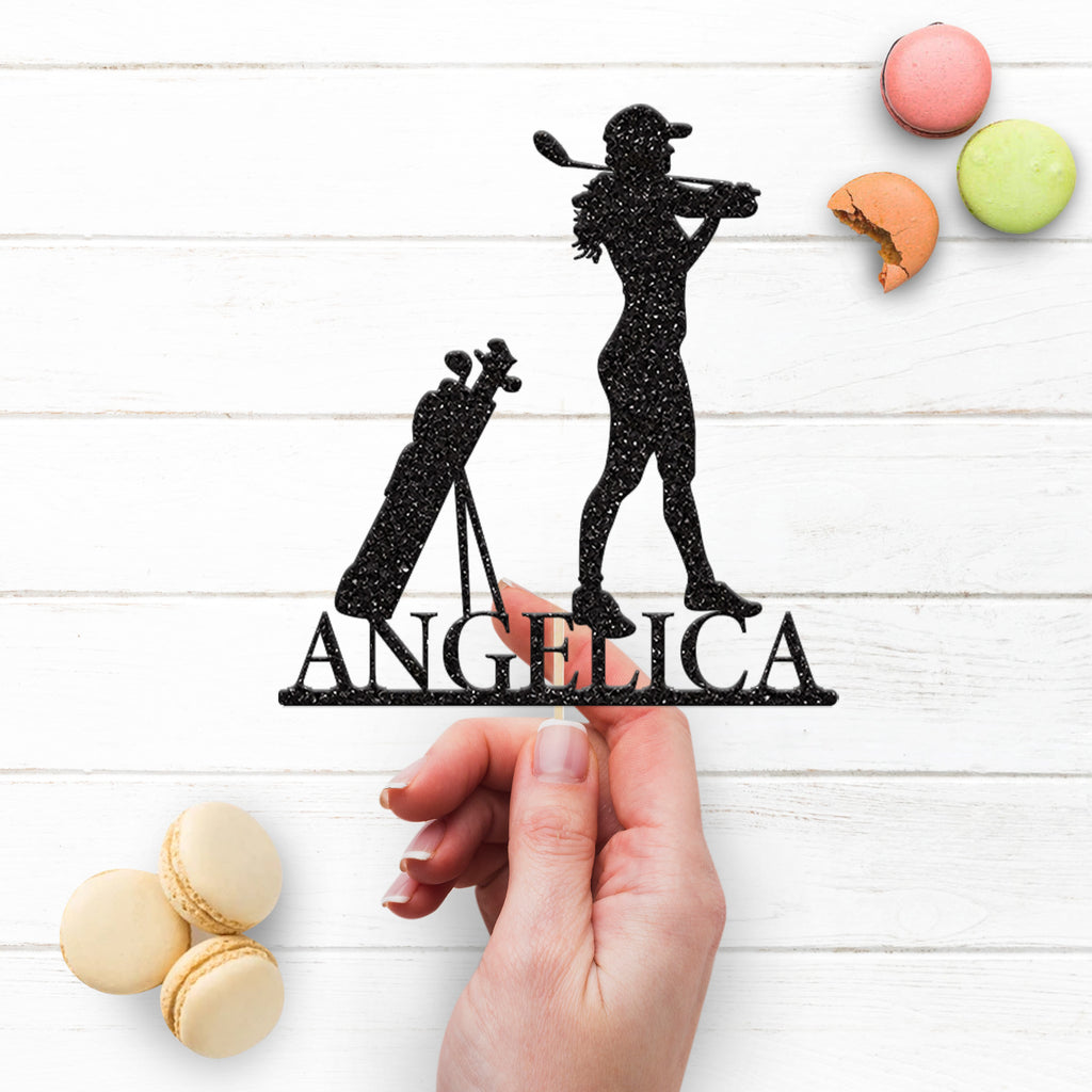 Personalised Female Golfer & Golf Bag Cake Topper – Name - view 3