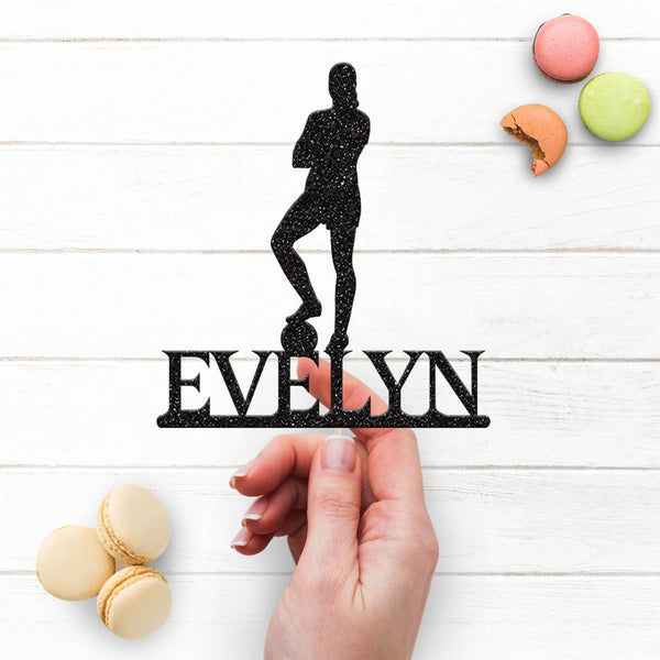 Personalised Female Footballer Arms Folded Cake Topper – Name - view 3
