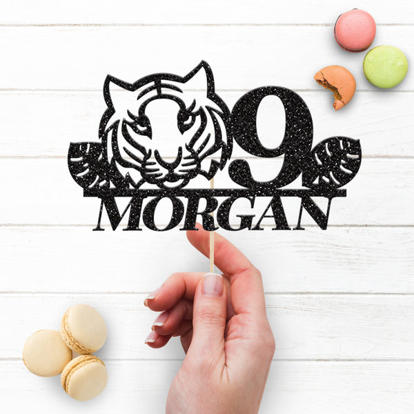 Personalised Tiger Face & Tropical Leaves Cake Topper – Name & Age - view 3