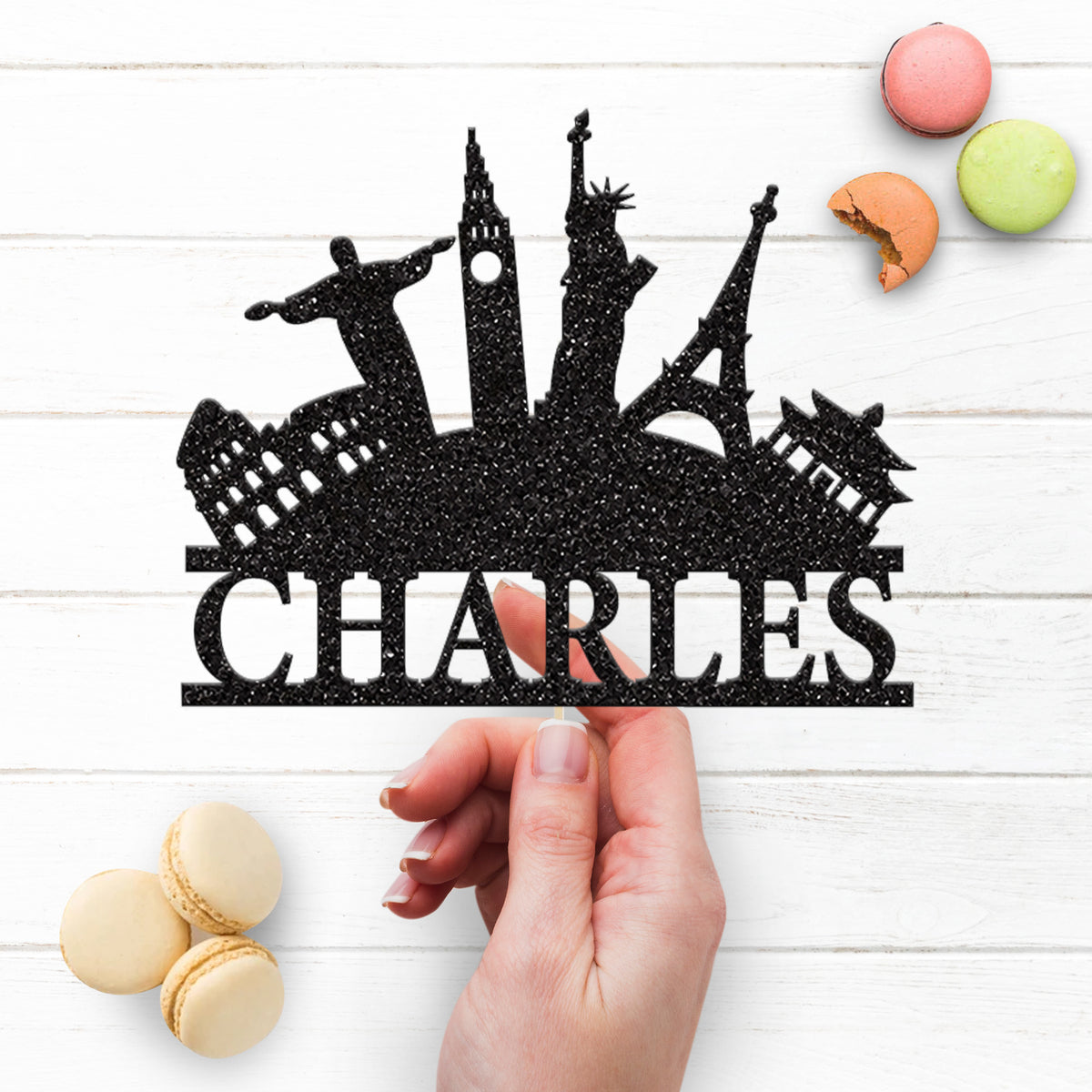 Personalised World Landmarks Travel Cake Topper – Name - view 3