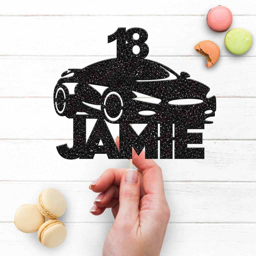 Personalised Sports Car Silhouette Cake Topper – Name & Age - view 3
