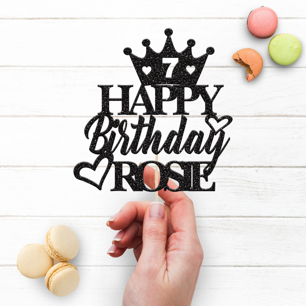Personalised Crown & Birthday Hearts Cake Topper – Name & Age - view 3