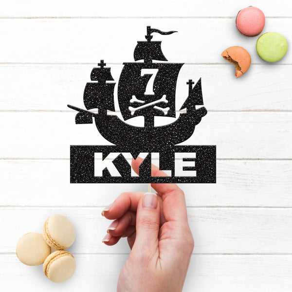 Personalised Pirate Ship & Crossbones Cake Topper – Name & Age - view 3