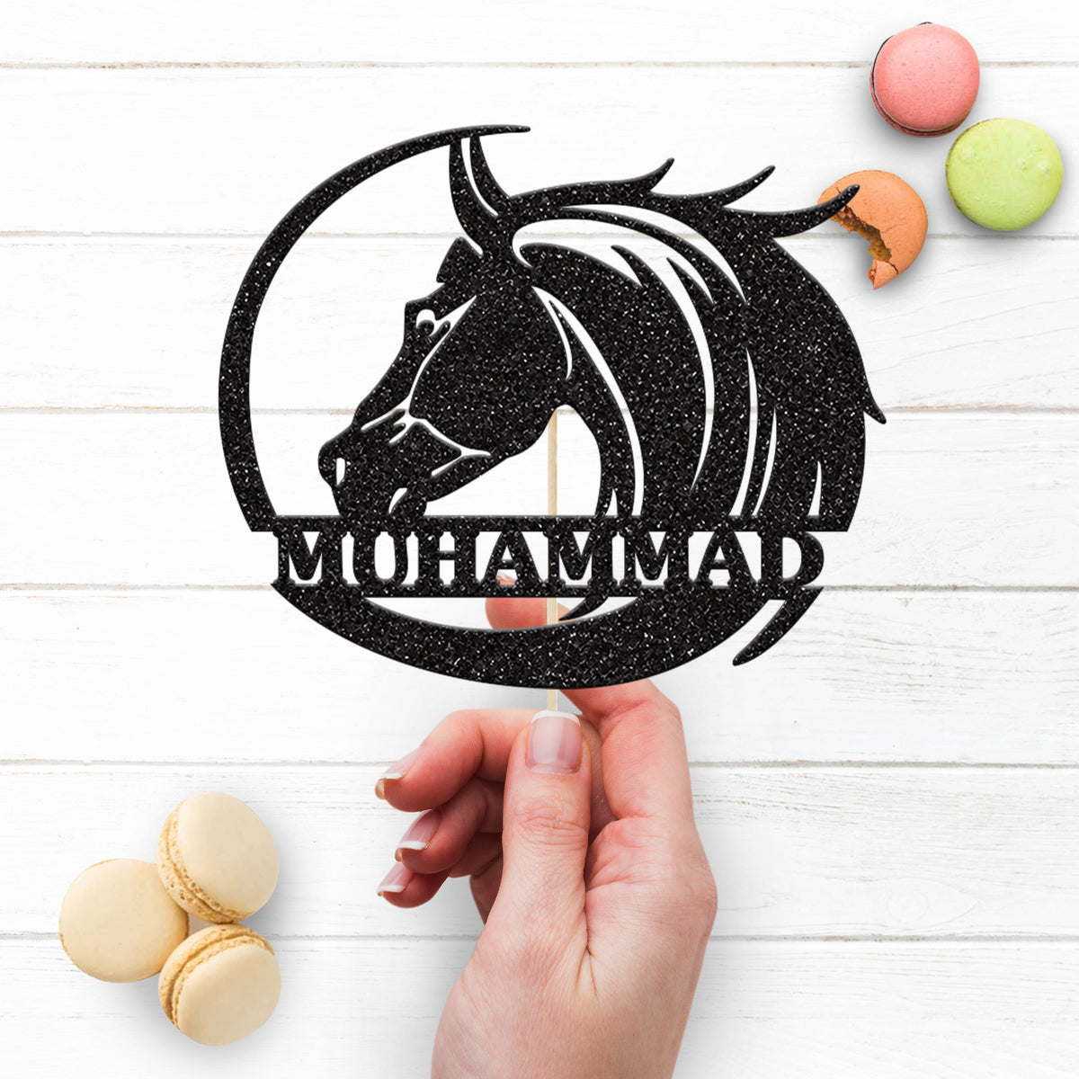 Personalised Horse Head & Sweeping Circle Cake Topper – Name - view 3