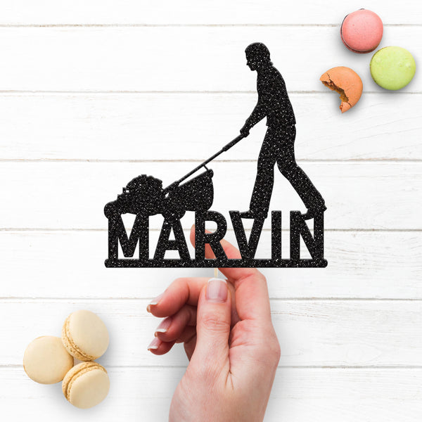 Personalised Gardener with Lawnmower Cake Topper – Name - view 3