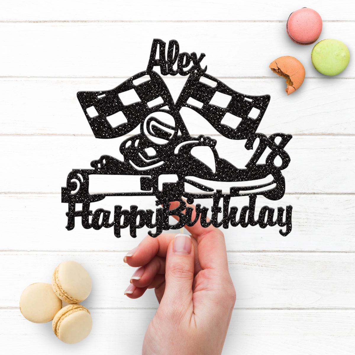 Personalised Go Kart and Chequered Flags Cake Topper – Name & Age - view 3