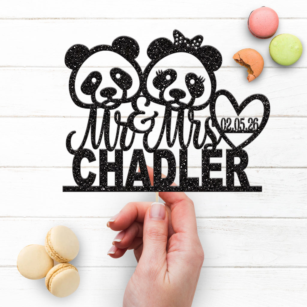 Personalised Panda Wedding Cake Topper with Surname and Date - view 3