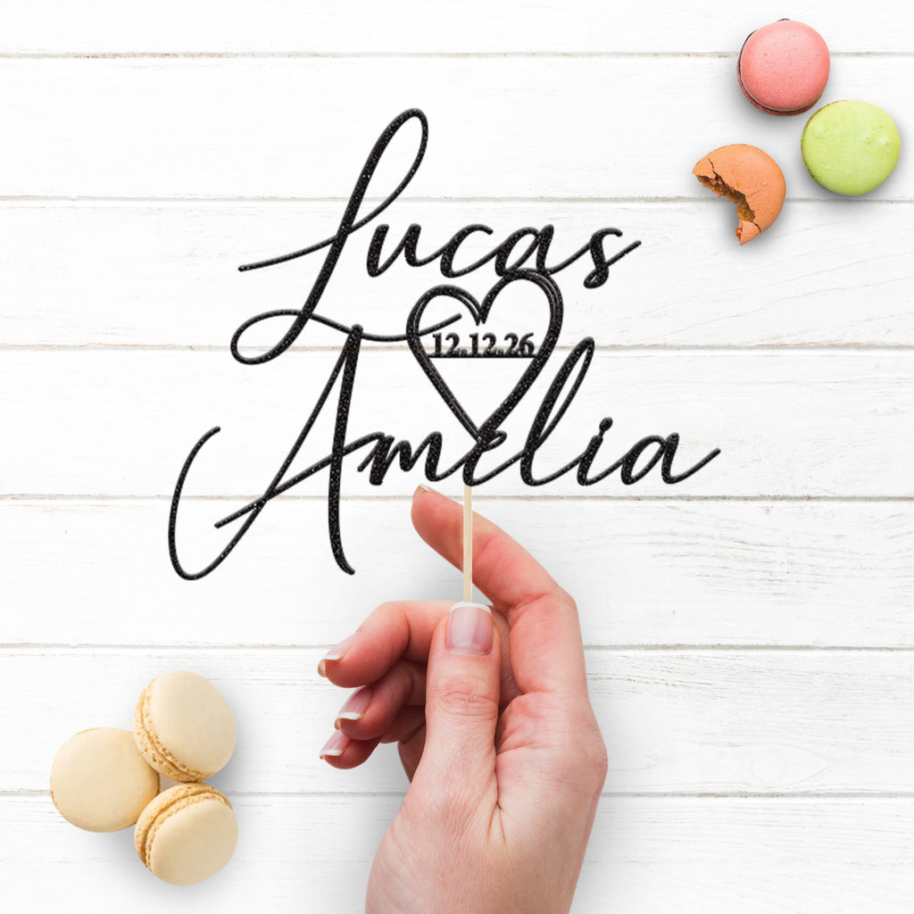 Personalised Script Names & Heart Wedding Cake Topper – Names & Date - view 3