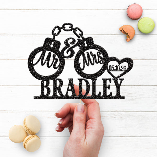 Personalised Handcuffs Wedding Cake Topper with Surname and Date - view 3