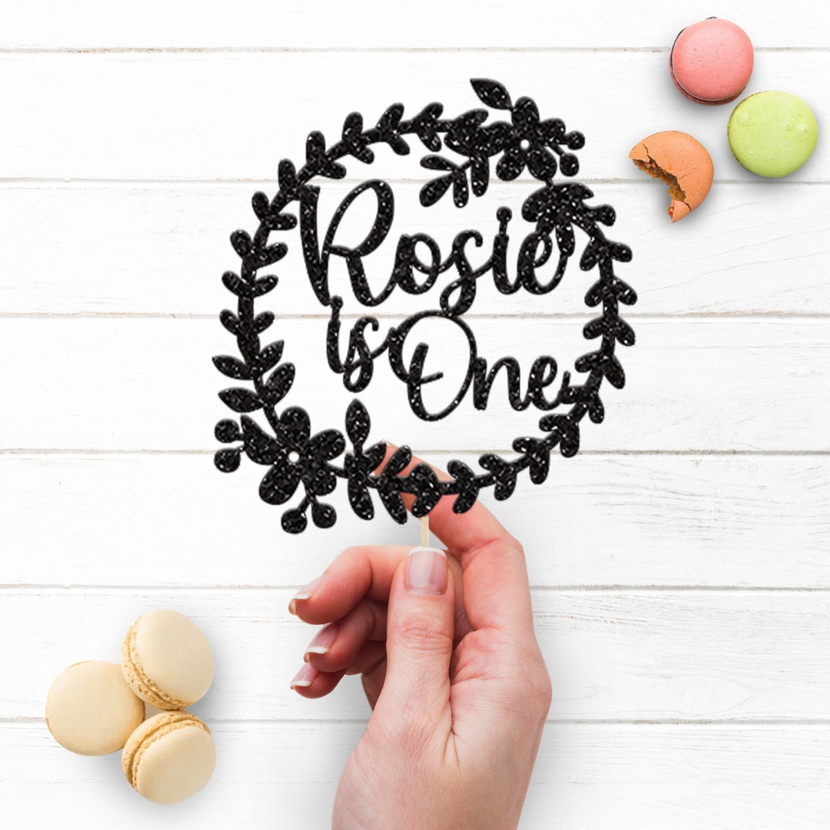Personalised Floral Wreath First Birthday Cake Topper with Name - view 3