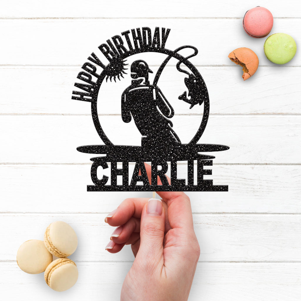 Personalised Angler Circle Cake Topper – Name - view 3