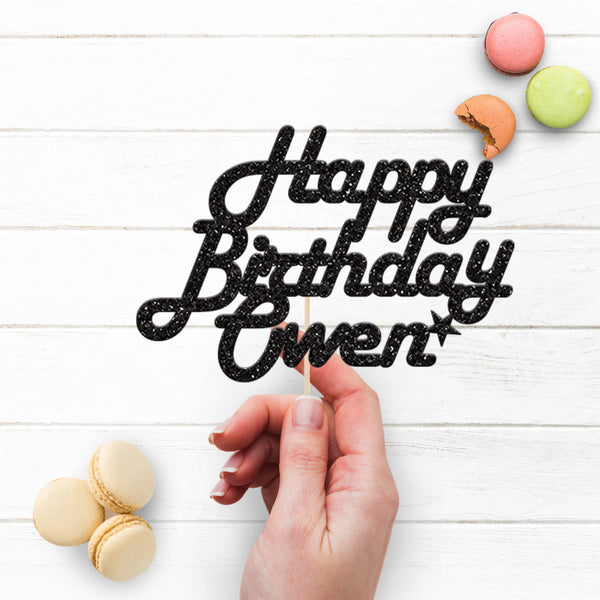 Personalised Happy Birthday Flowing Script Cake Topper with Name - view 3