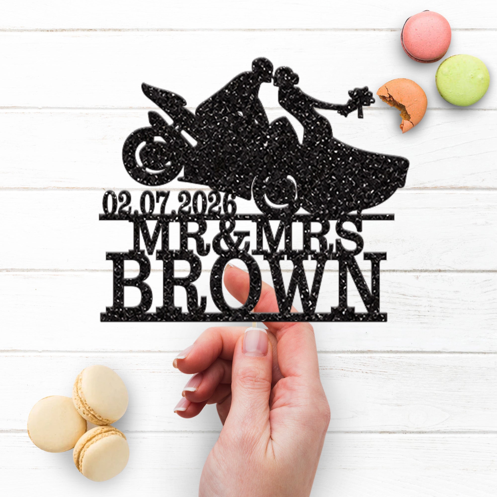 Personalised Motorbike Wedding Cake Topper – Surname & Date Secondary image