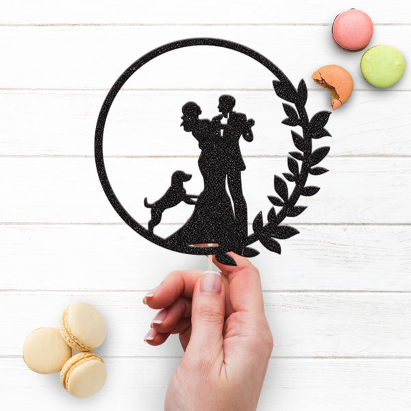 Wedding Couple & Dog Leaf Circle Cake Topper - view 3
