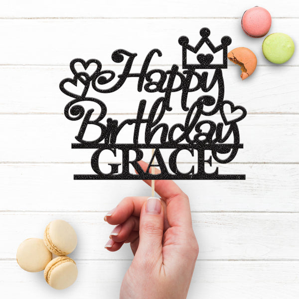 Personalised Crown and Hearts Birthday Cake Topper with Name - view 3