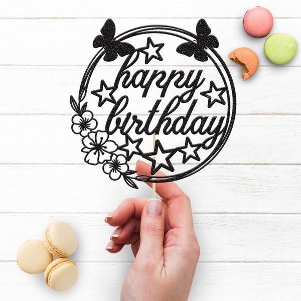 Happy Birthday Floral Butterfly Circle Cake Topper - view 3