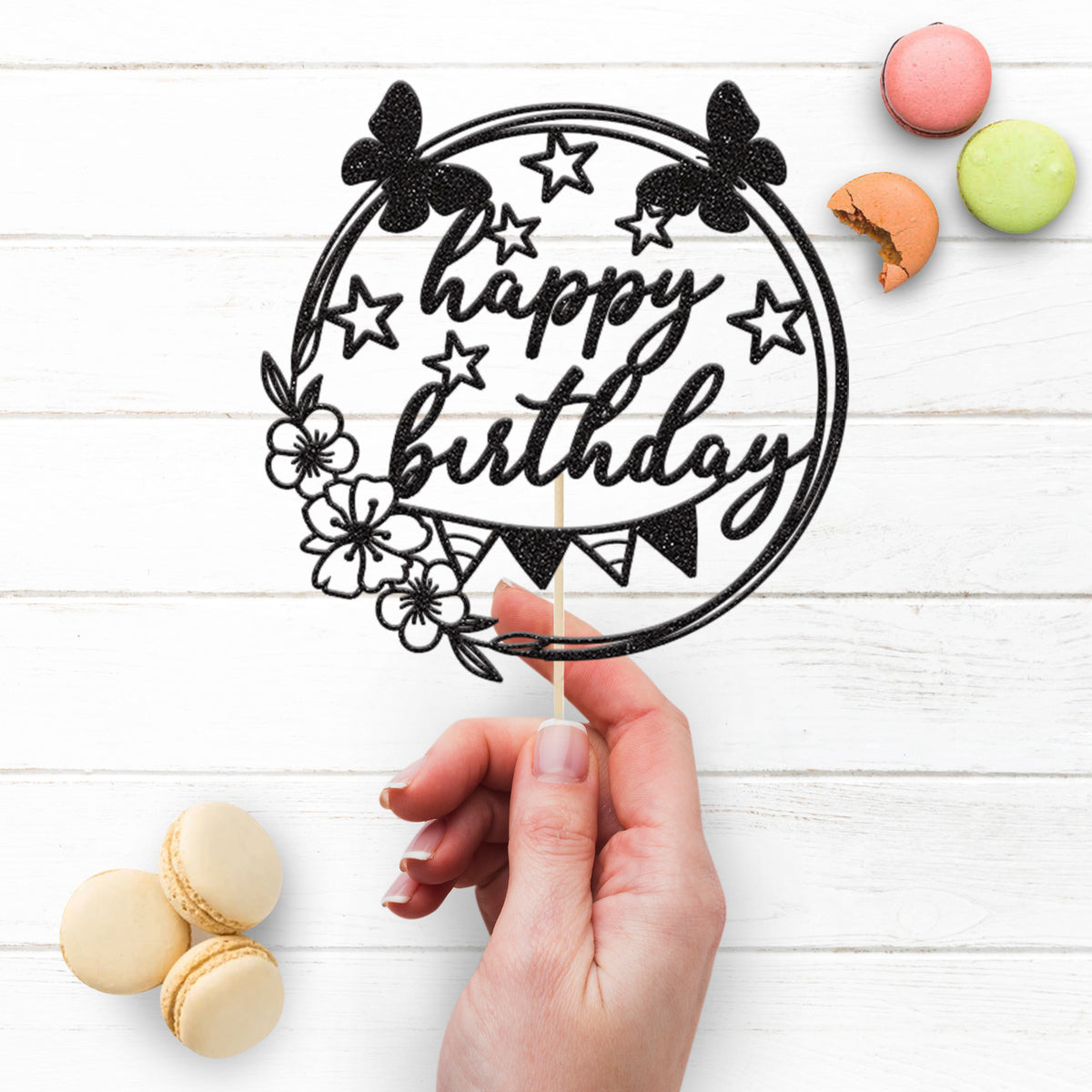 Happy Birthday Floral Butterfly Bunting Cake Topper - view 3