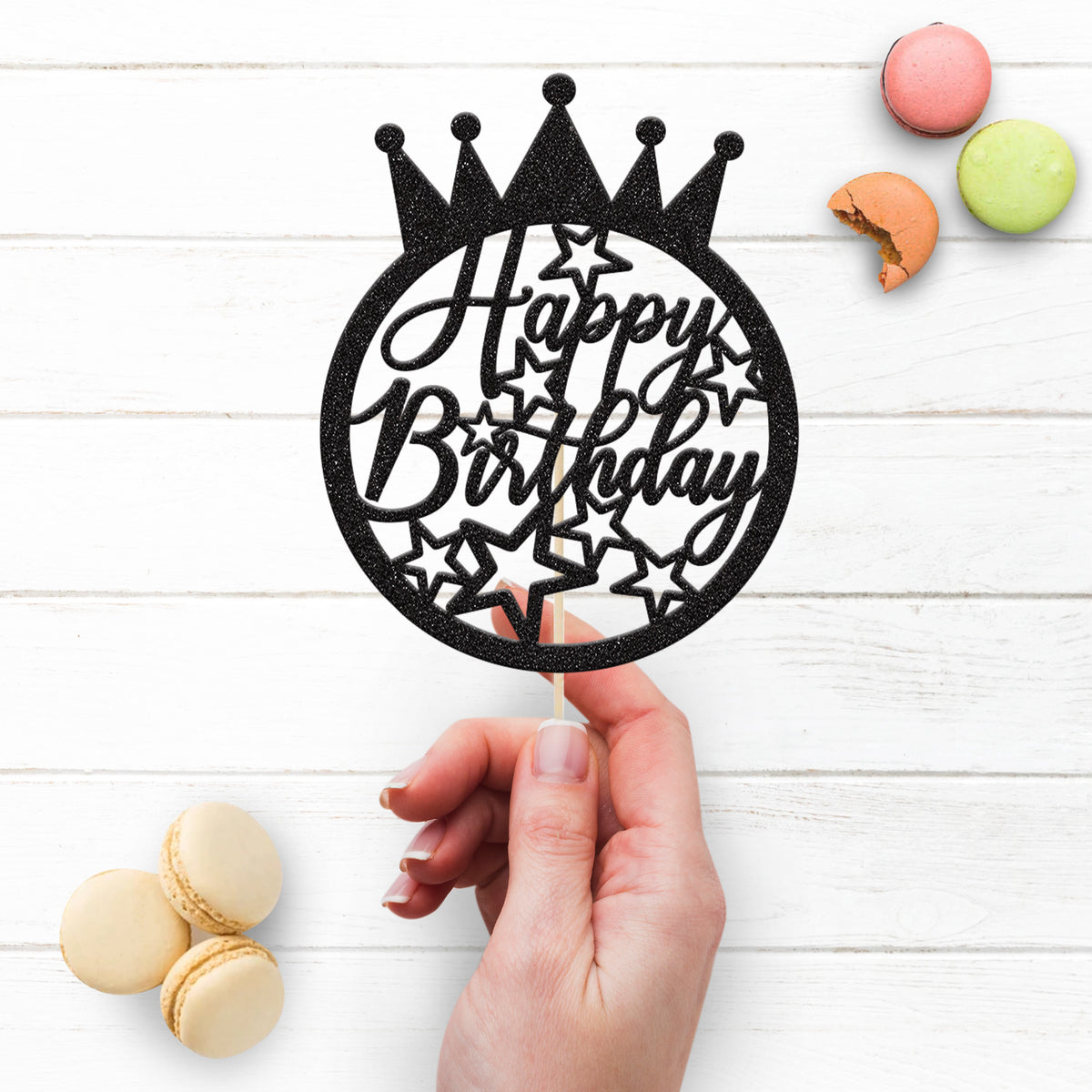 Happy Birthday Crown and Stars Circle Cake Topper - view 3