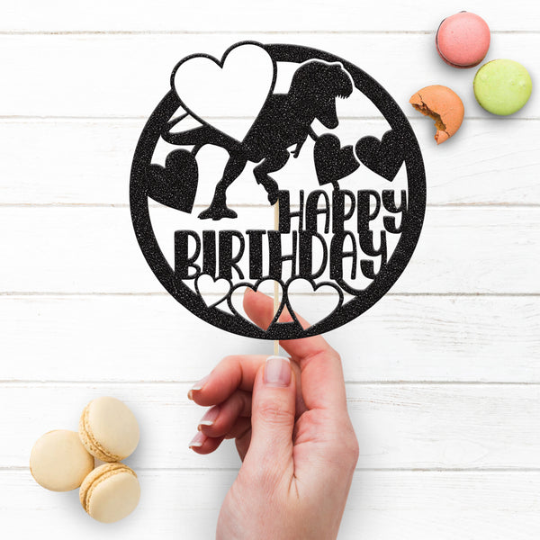 Happy Birthday Dinosaur and Hearts Circle Cake Topper - view 3