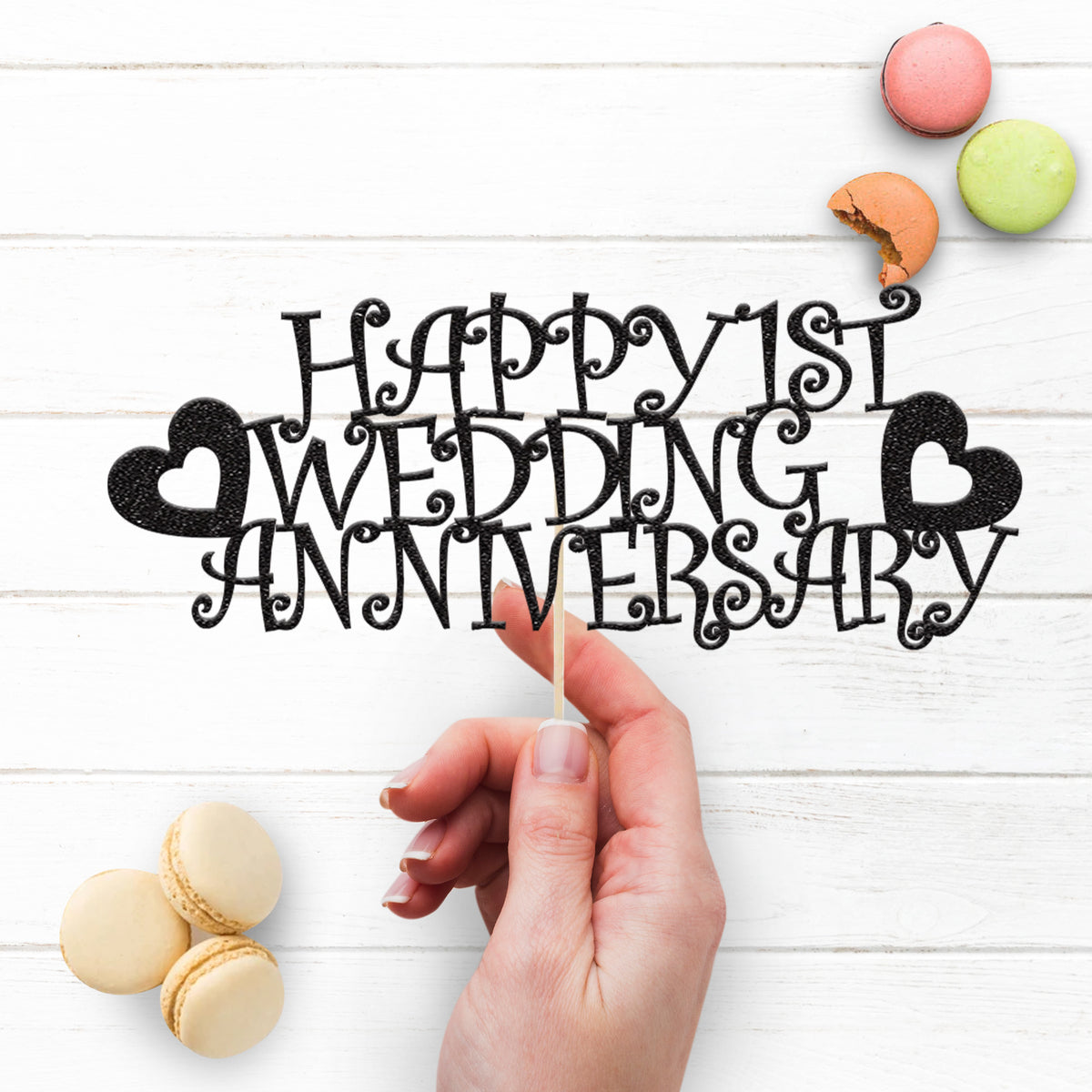 First Wedding Anniversary Curly Hearts Cake Topper - view 3