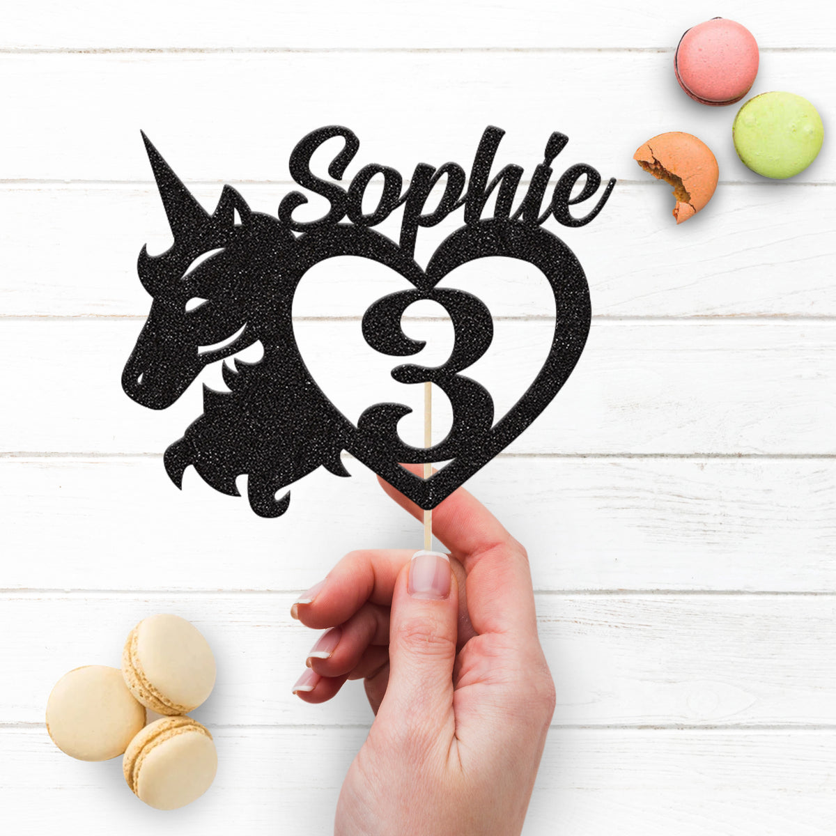 Personalised Unicorn Head & Heart Cake Topper – Name & Age - view 3